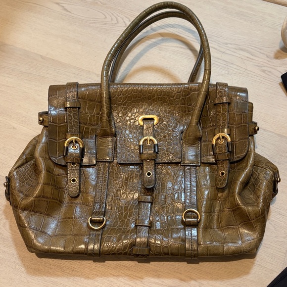 Badgley Mischka Handbags - Badgley Mischka Croc Embossed Leather Flap Satchel khaki